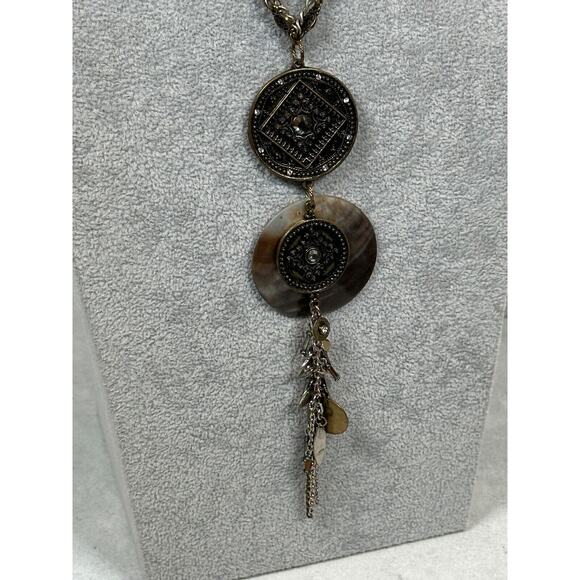 Chicos Necklace Pendant Y Drop Medallion Shell Layered Tassel Charm Bronze Tone - Picture 1 of 12